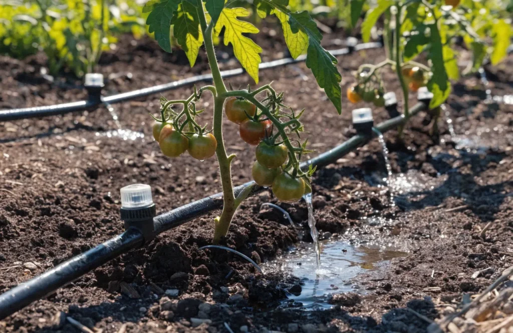 drip irrigation watering tomato plants at the root zone