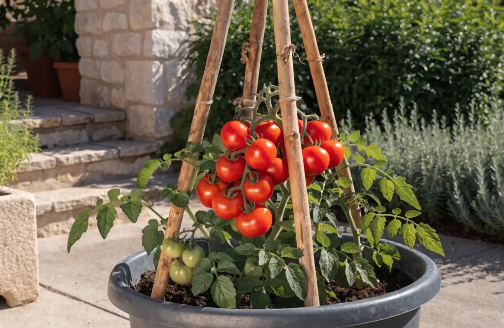 Three-stake teepee supporting a container-grown tomato plant, a simple method for how to stake tomato plants in pots.