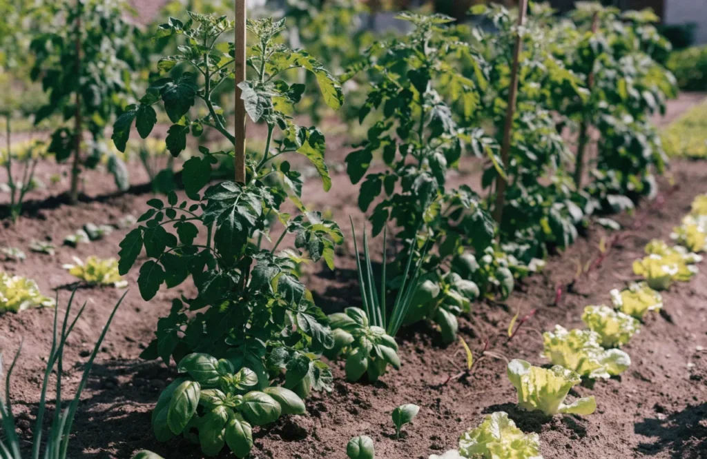 Lettuce, spinach, radishes, green onions, and basil growing between well-spaced tomato plants.