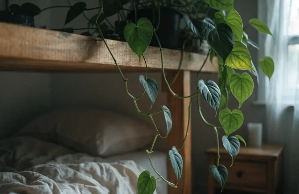 Heartleaf philodendron with trailing vines on a bedroom shelf