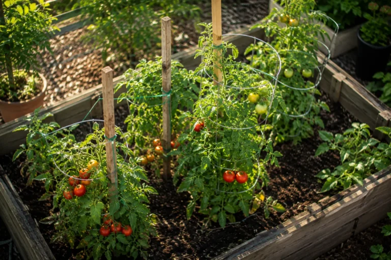 Comparison of tomato fruit touching the soil versus staked tomato fruit kept off the ground, showing how to stake tomato plants.