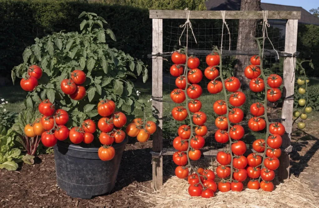 Compact determinate tomato plant compared with a tall indeterminate tomato vine
