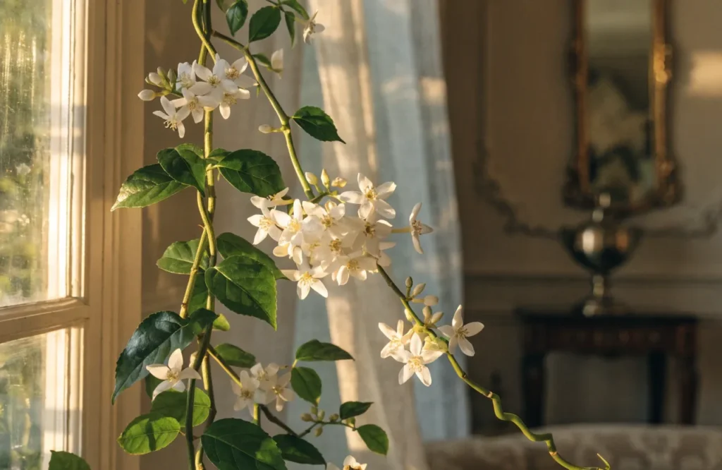 Jasmine plant blooming with white flowers indoors