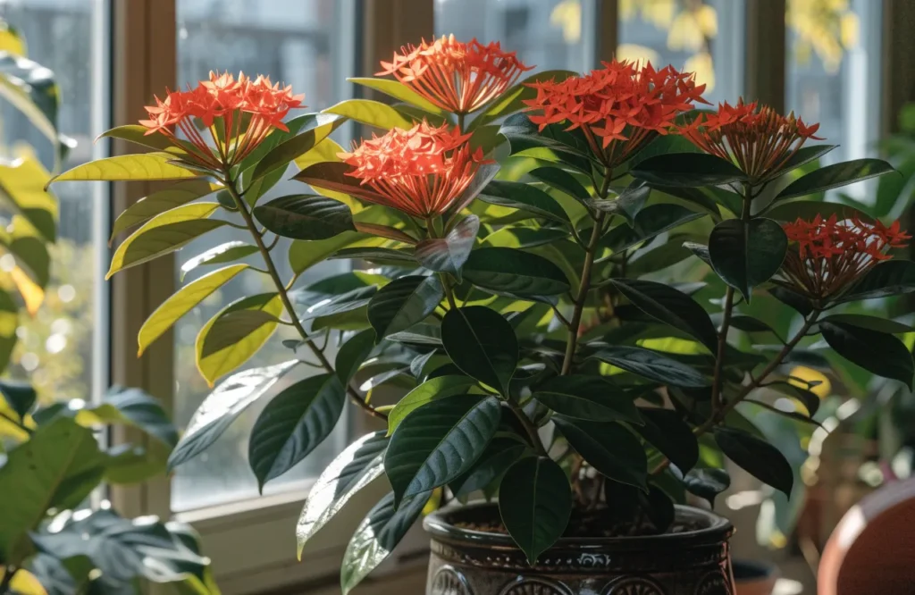 Ixora plant blooming with orange-red flower clusters indoors