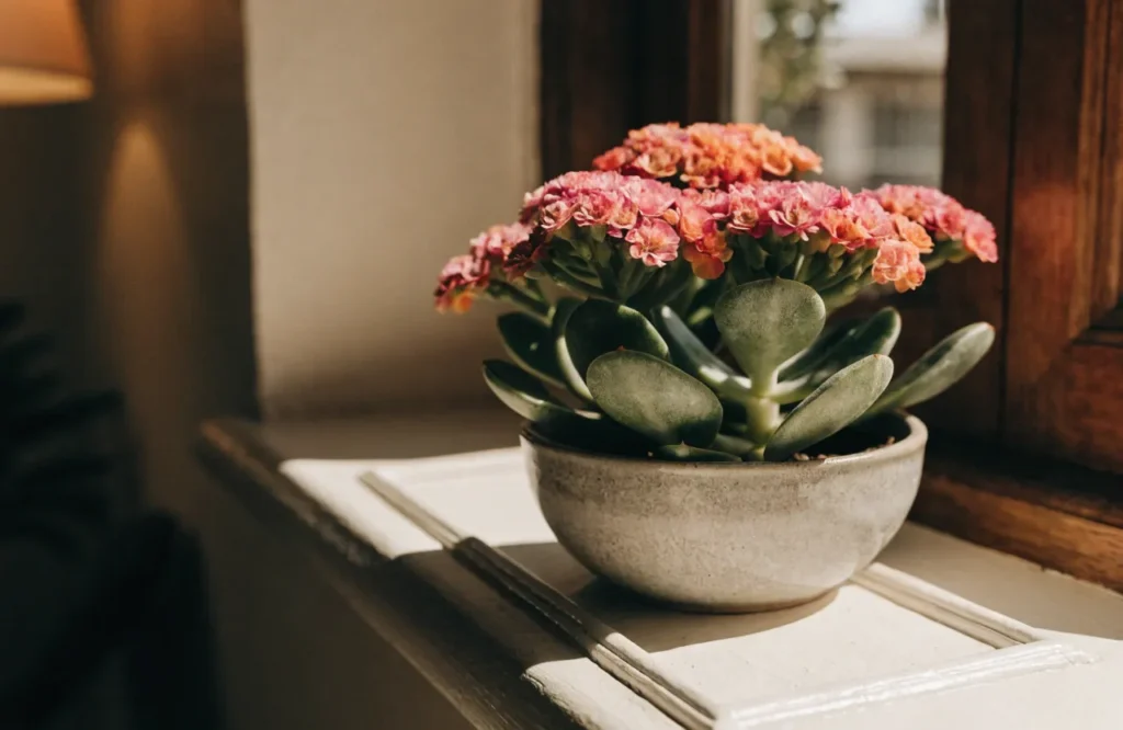 Kalanchoe succulent blooming with colorful flowers indoors