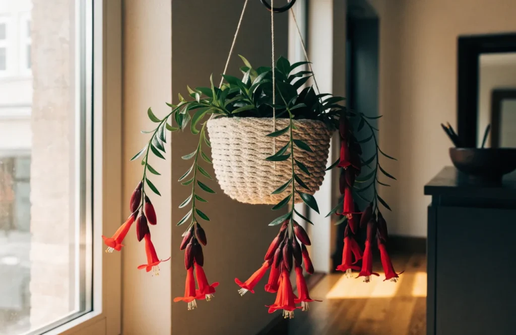 Lipstick Plant with red tubular flowers in a hanging basket