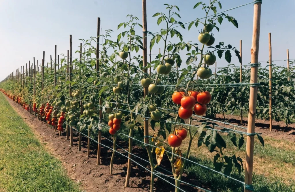 Florida weave tomato staking method using stakes and horizontal twine to support a row of tomato plants.