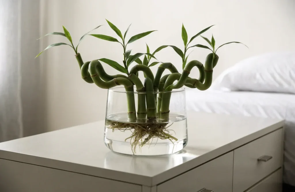 Lucky bamboo stalks growing in water on a bedroom dresser