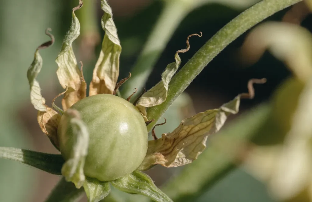 Close-up of a pollinated tomato flower base swelling into a tiny green tomato