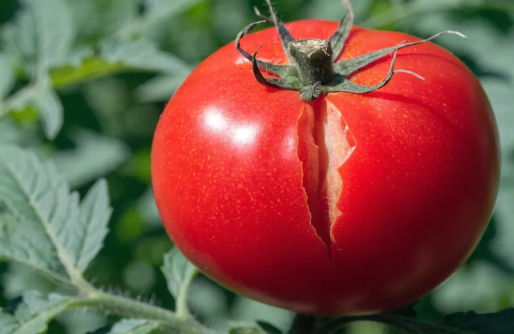 tomato fruit with a visible crack near the stem
