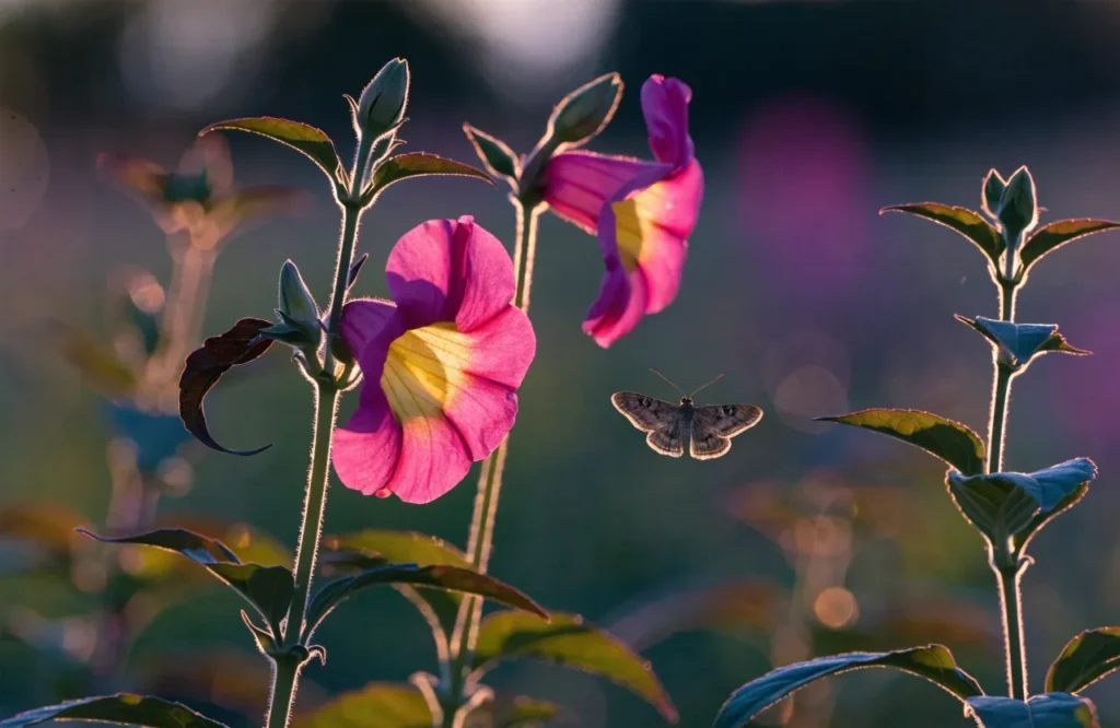 Magenta and yellow four o'clock flowers opening at dusk with a visiting moth