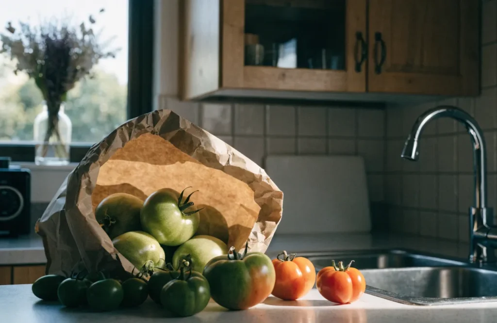 Ripening green tomatoes indoors in a paper bag with fruit