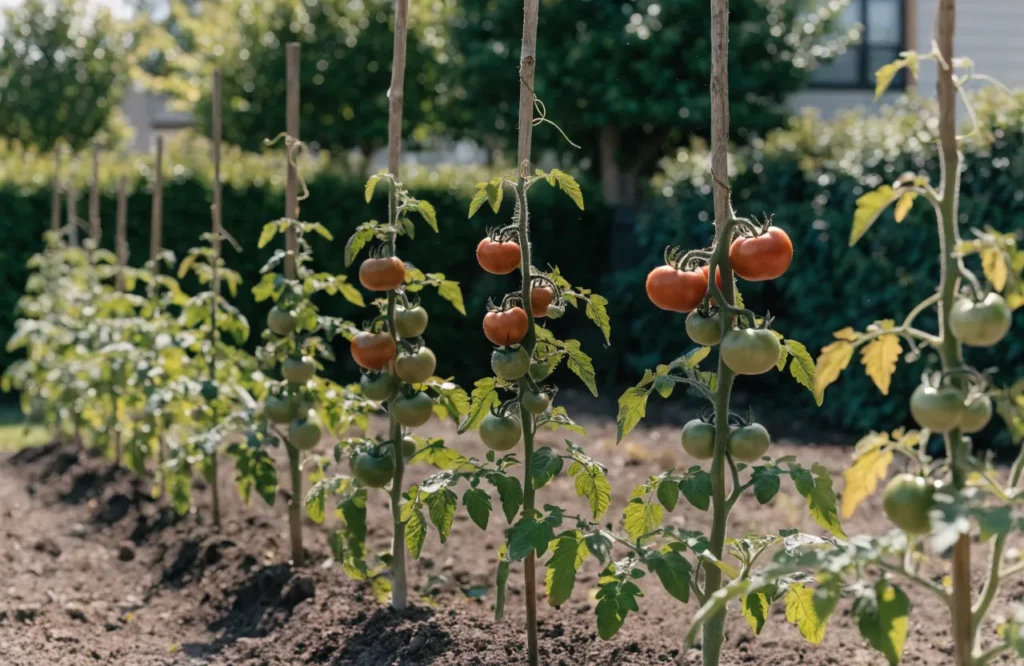 Indeterminate tomato plants spaced apart and supported with stakes for good airflow and growth.