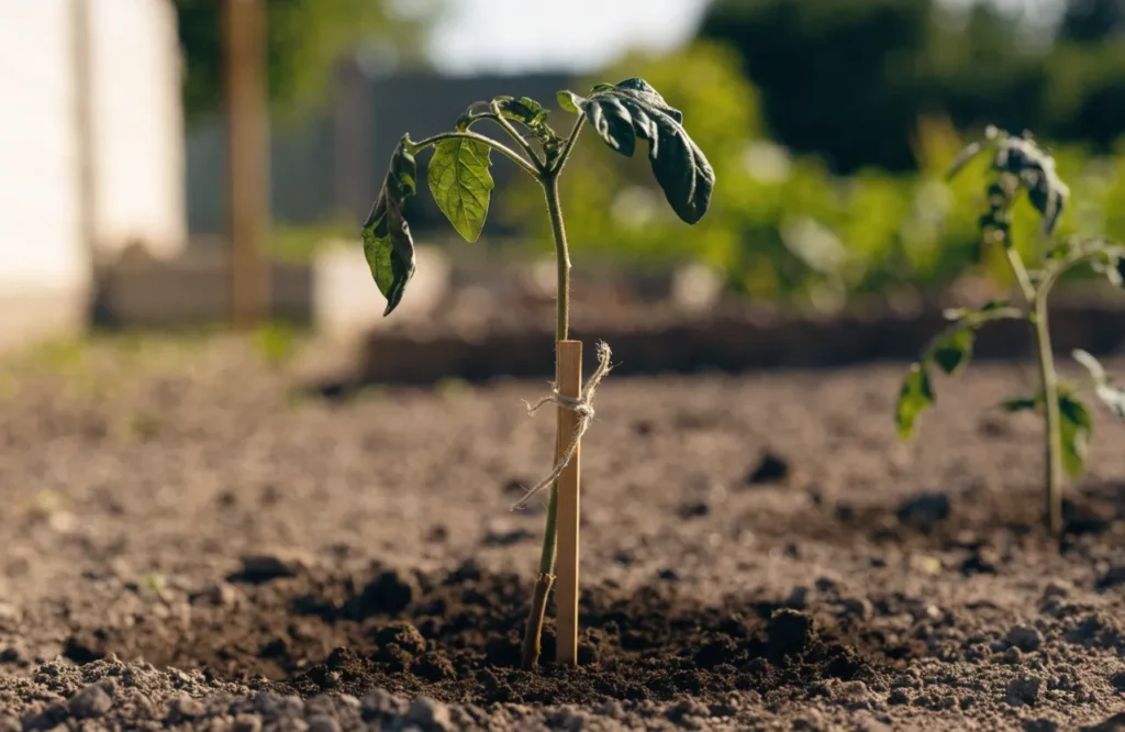 Young tomato seedling with curled leaves after transplanting