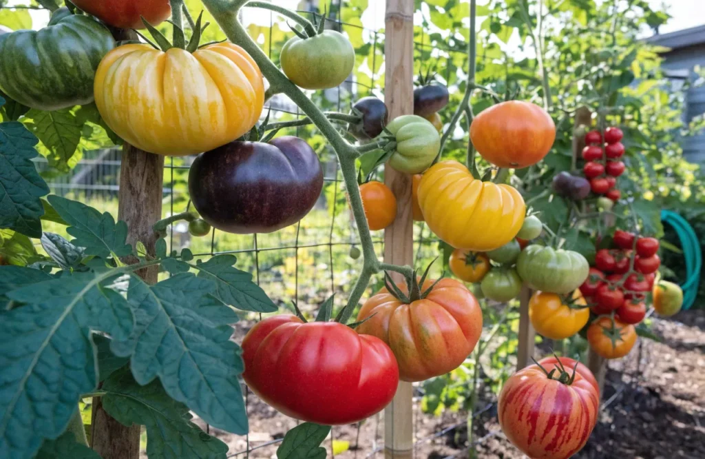 Colorful heirloom and hybrid tomatoes growing in a home vegetable garden