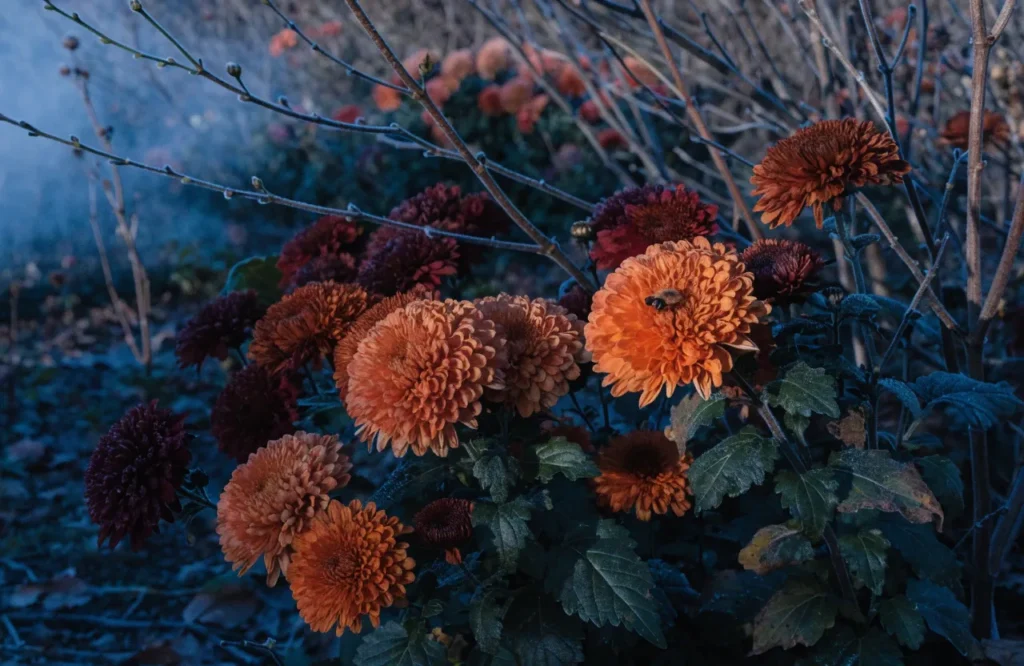 Bee visiting chrysanthemum blooms, one of the last fall nectar sources before frost