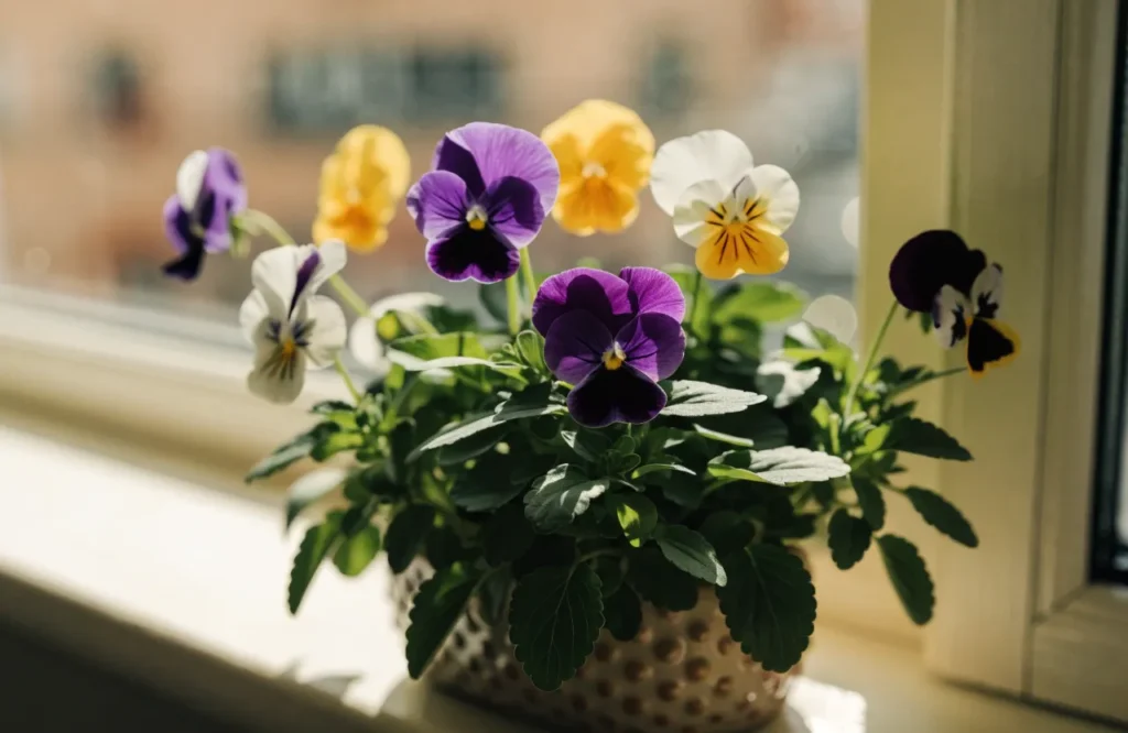 Pansies blooming with purple yellow and white flowers indoors
