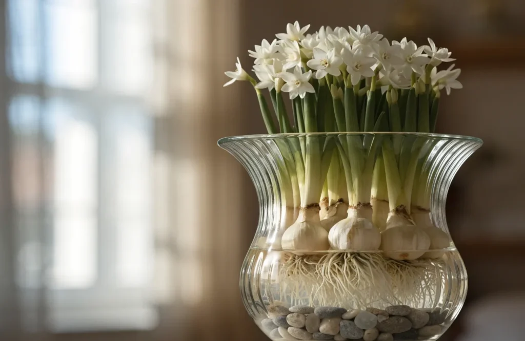 Paperwhite flowers blooming indoors in a glass container