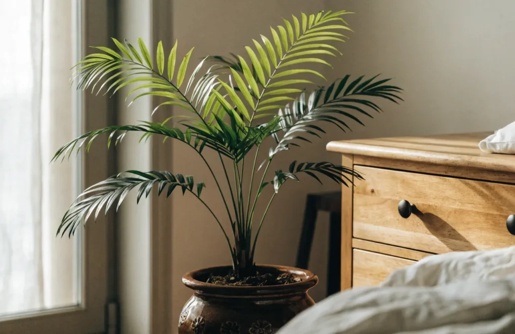 Parlor palm with feathery fronds displayed in a softly lit bedroom