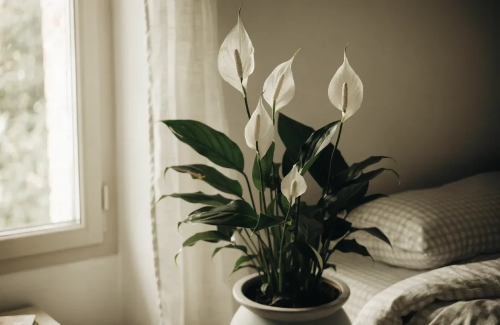 Peace lily with white flowers growing beside a bedroom window in indirect light
