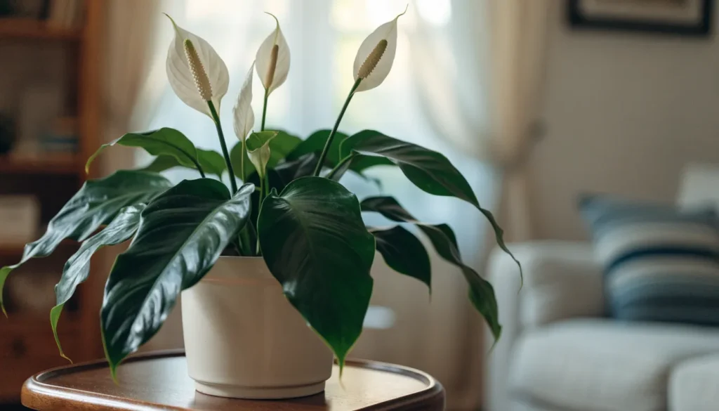 Peace Lily with white flowers growing indoors