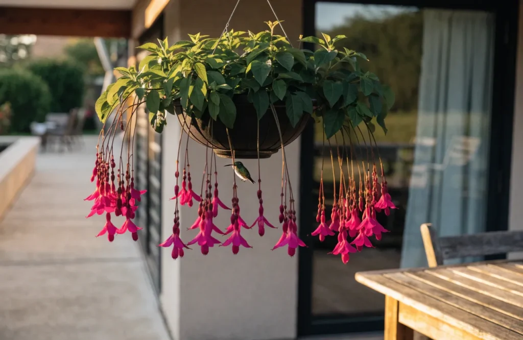 Hummingbird feeding on pendant fuchsia blooms in a patio hanging basket