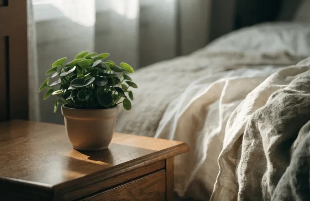 Compact peperomia plant growing on a bedroom nightstand