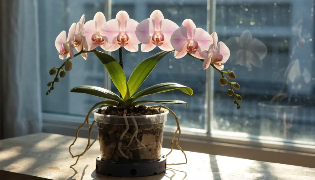 Moth Orchid with white flowers indoors