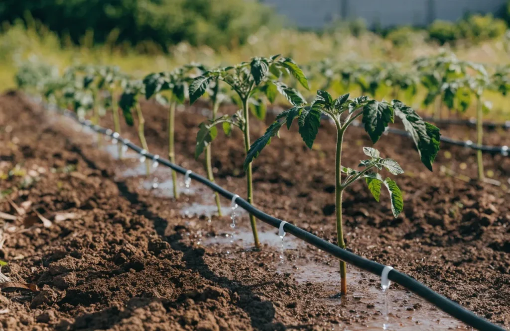 Drip irrigation line watering a row of tomato plants at the roots