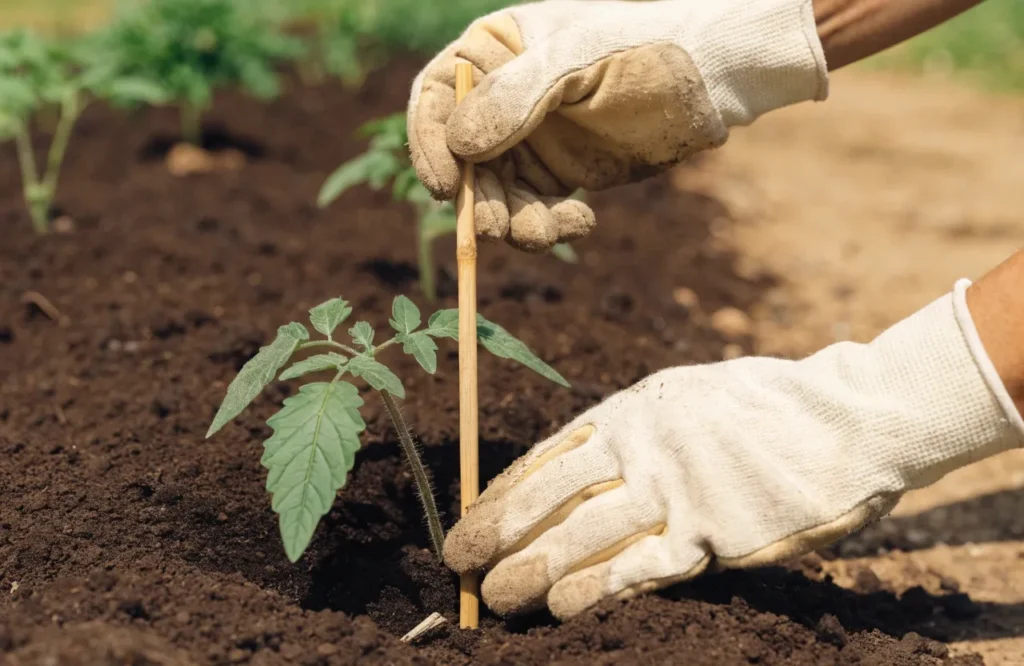 Gardener pushing a bamboo stake into the soil beside a young tomato plant
