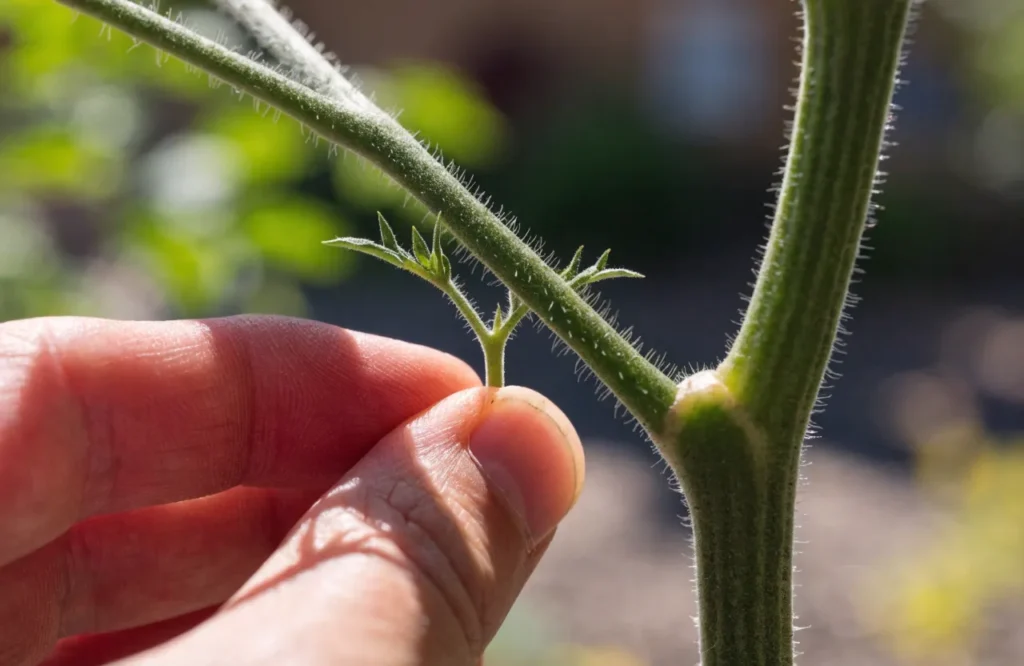 Removing a tomato sucker from between the main stem and a branch
