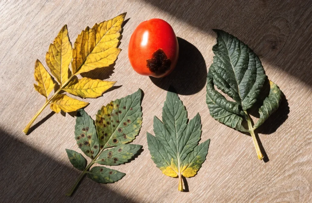 Comparison of different tomato leaf and fruit disease symptoms