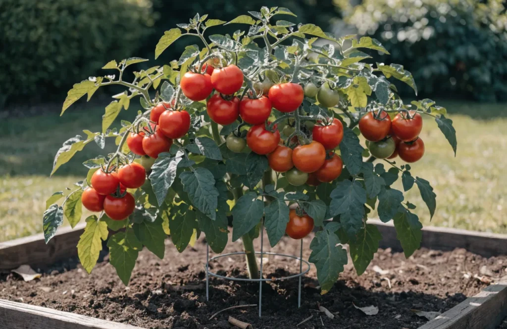 Compact determinate tomato plant growing inside a tomato cage