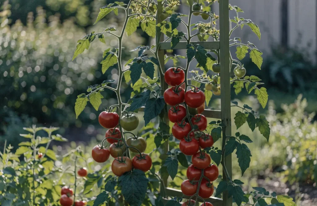 Tall indeterminate tomato vine growing on a sturdy trellis