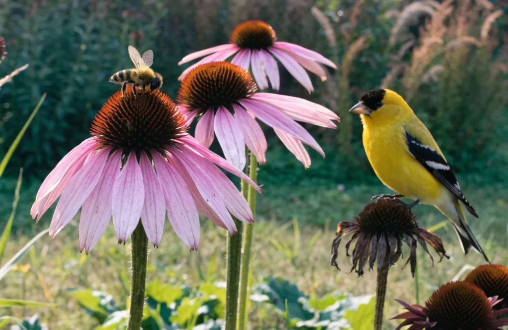 Bee on coneflower with a goldfinch feeding on nearby seed heads