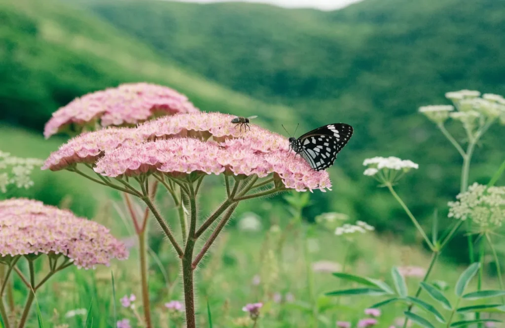 Butterfly and hoverfly landing on pink sedum flowers in a fall garden