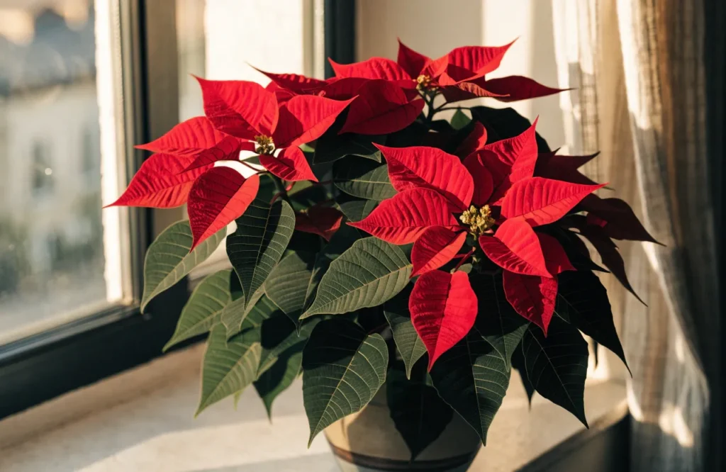 Poinsettia with bright red bracts growing indoors