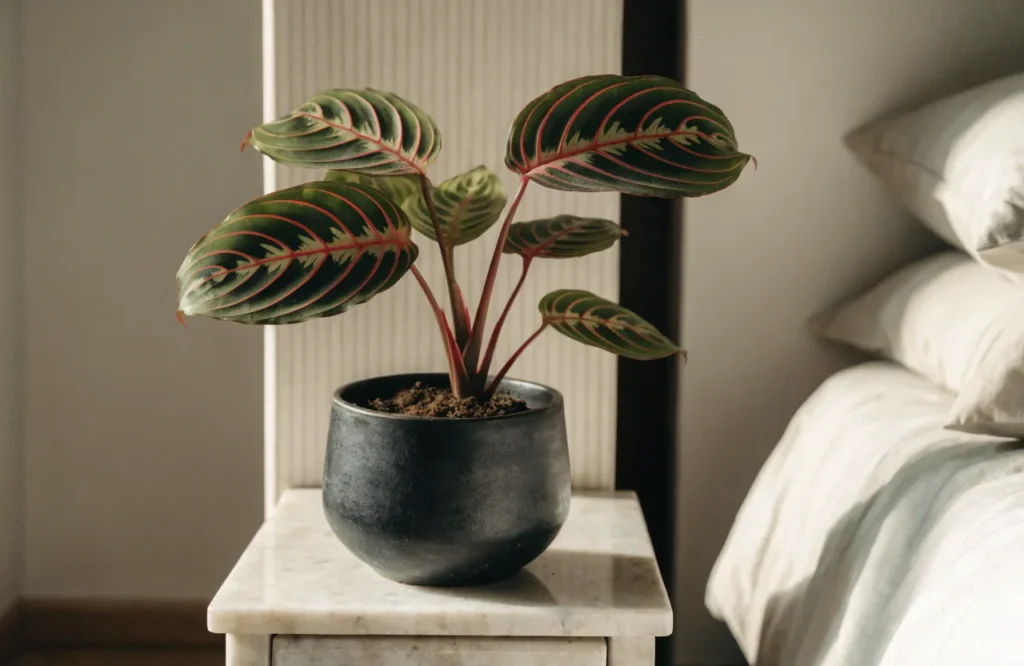 Prayer plant with patterned leaves growing on a bedroom nightstand