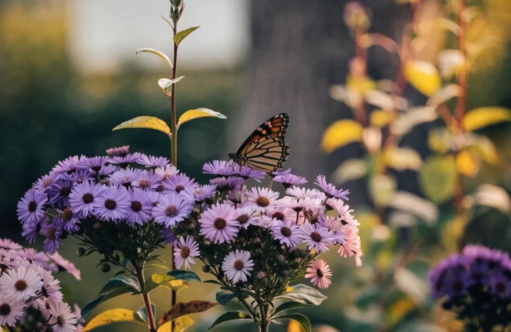 Monarch butterfly on purple asters, one of the best fall flowers for pollinators