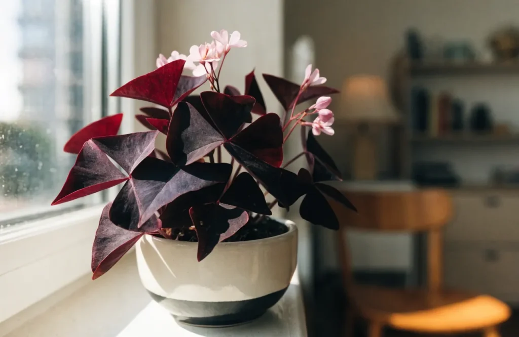 Purple Oxalis with burgundy leaves and pink flowers indoors