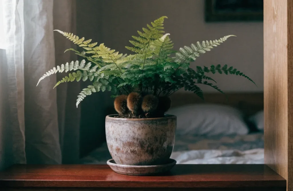 Rabbit's foot fern with fuzzy rhizomes in a softly lit bedroom
