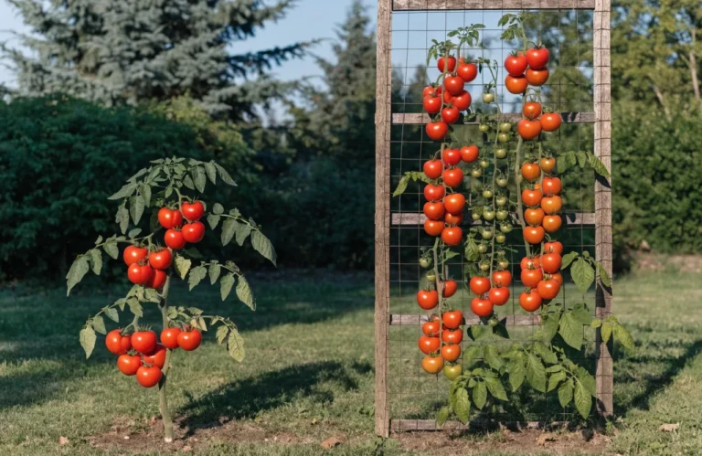 Determinate bush tomato plant compared with an indeterminate vining tomato plant