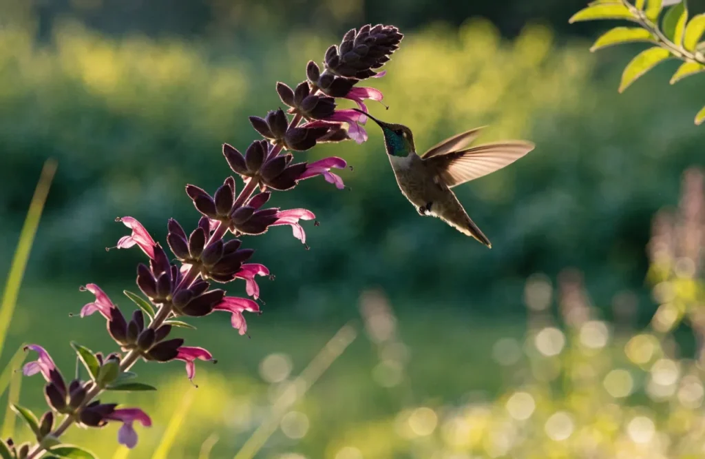 Hummingbird feeding on tubular salvia flowers, a fall pollinator favorite