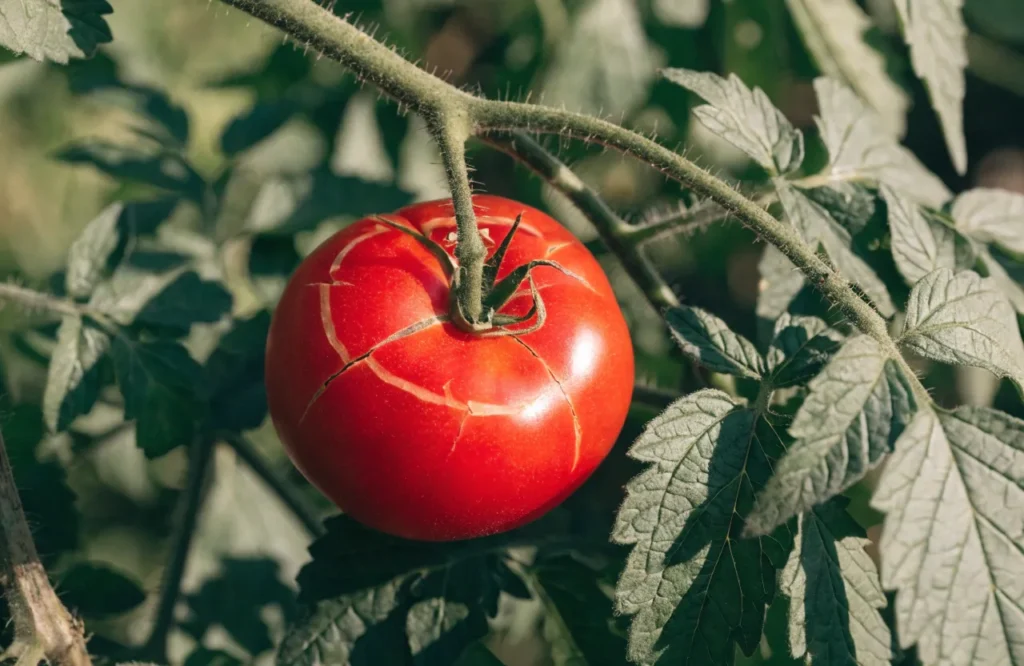concentric cracks forming rings around a tomato stem scar