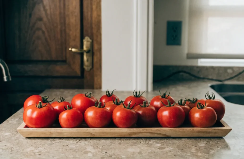 Freshly harvested tomatoes stored at room temperature