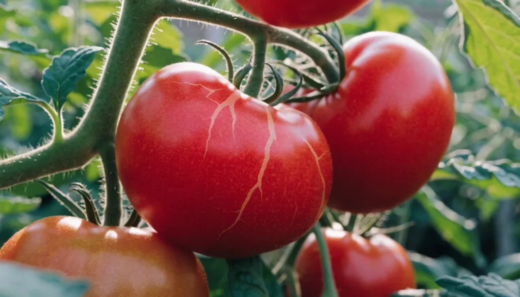 ripe tomato fruit cracking on the vine