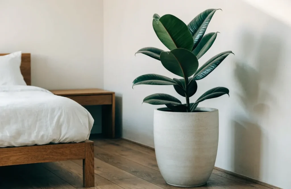 Rubber plant with glossy leaves in a bedroom floor planter