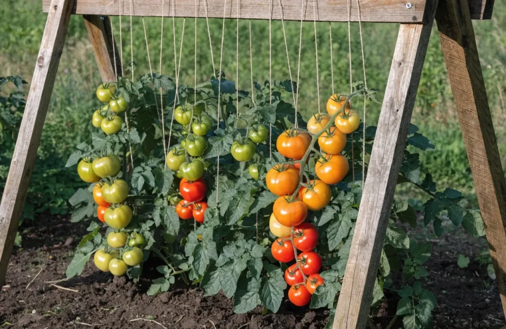 A-frame twine trellis supporting tall tomato plants with vertical strings, showing how to stake tomato plants efficiently.