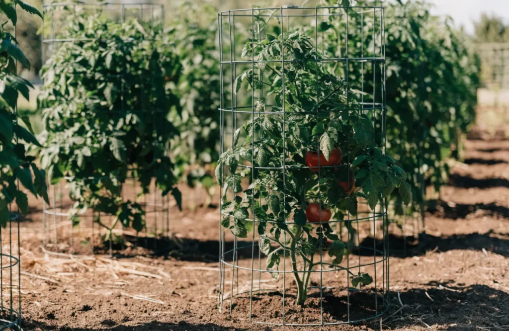 Caged tomato plants with generous spacing between plants for healthy growth and airflow.