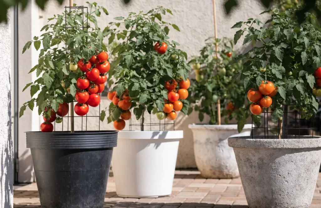 Individual tomato plants growing in large containers with adequate space between pots.